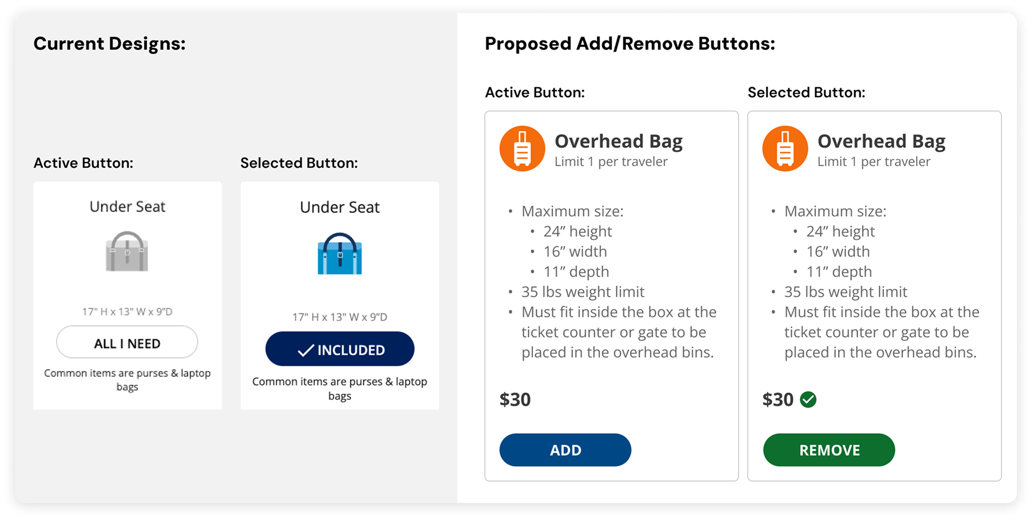 Comparison of the current and proposed button styles for the Bags page.