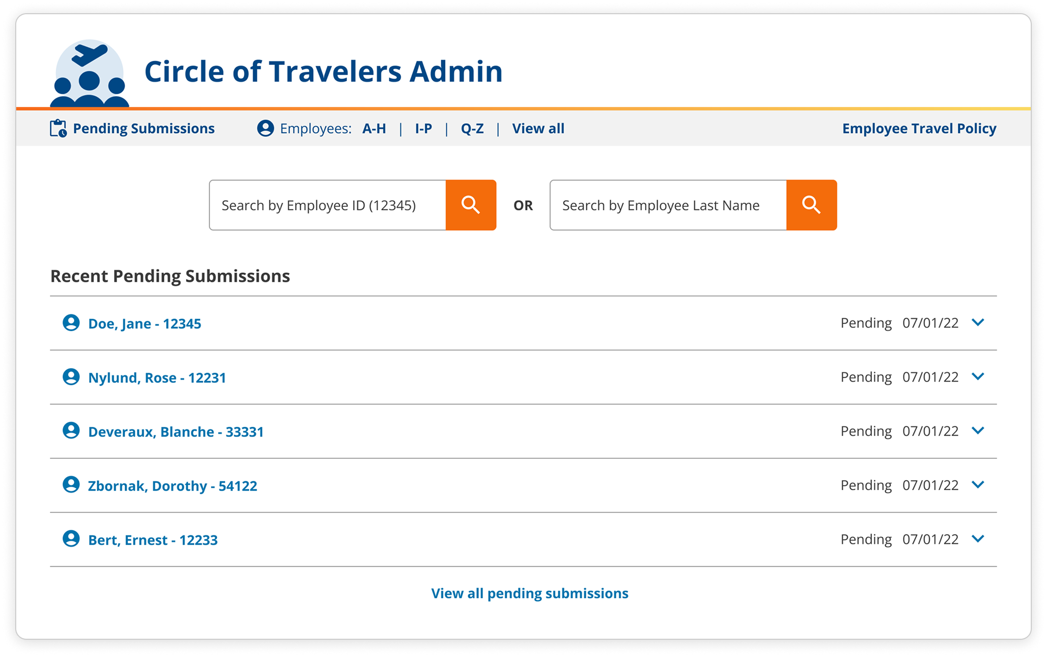 Employee view desktop and mobile designs for the Circle of Travelers hub page.