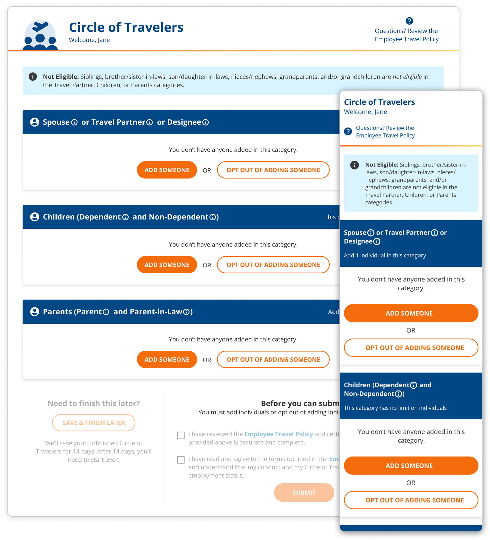 Employee view desktop and mobile designs for the Circle of Travelers hub page.