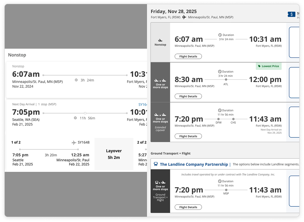 Flight directness comparison designs, with the old design on the left and the new design on the right.