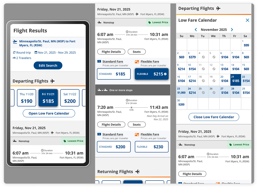 Three mobile web views of the new Flight Results page.
