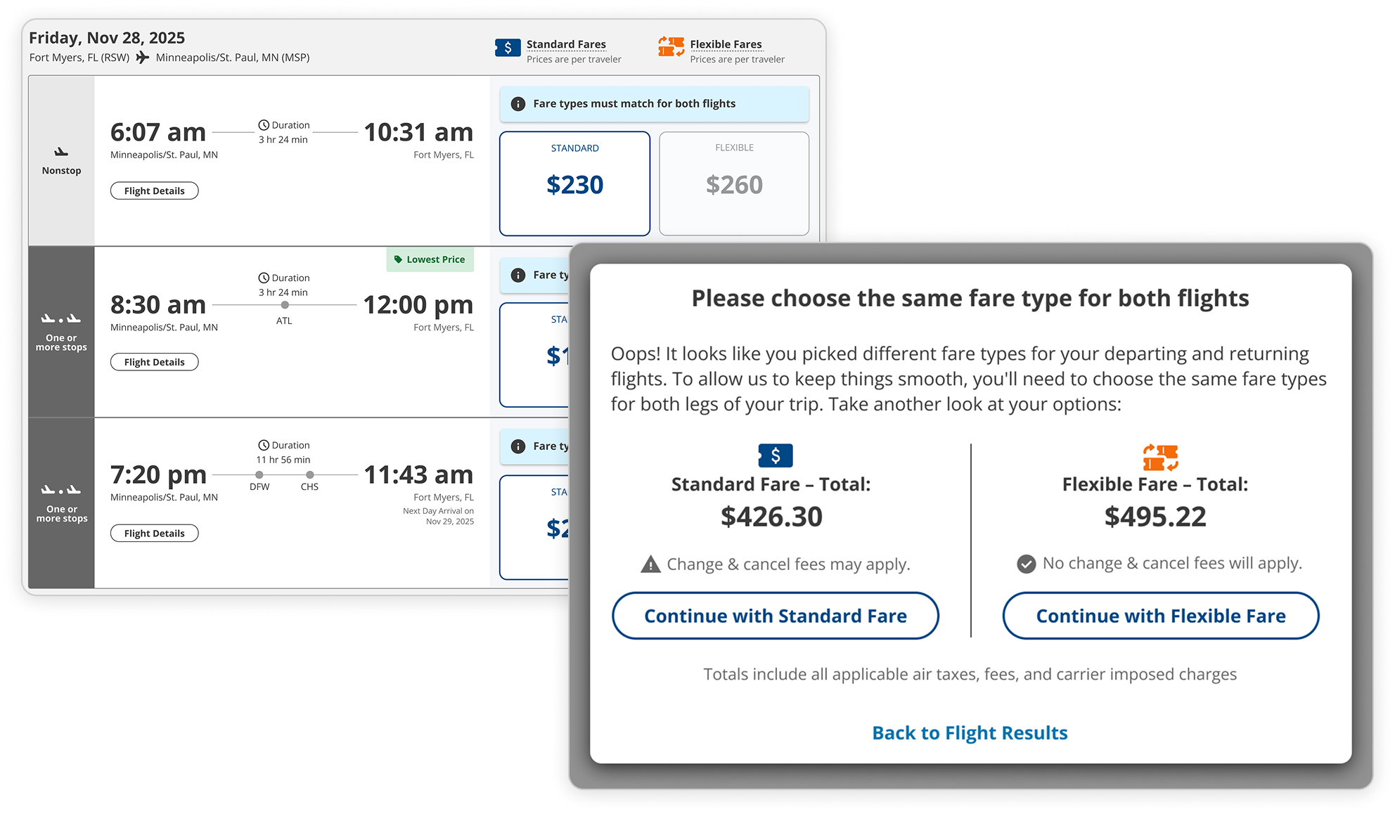 A comparison of matching fares solutions with the disabled version on the left and the modal version on the right.