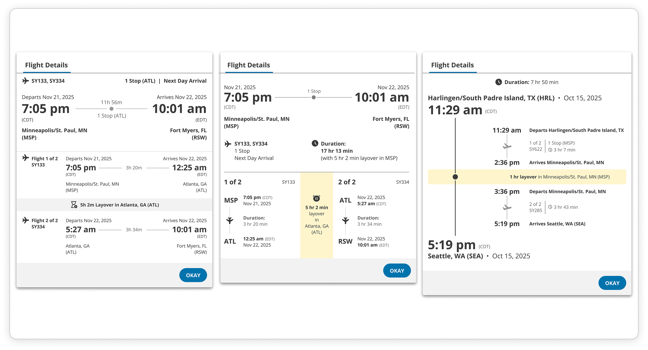 Three design explorations of the flight details modal.