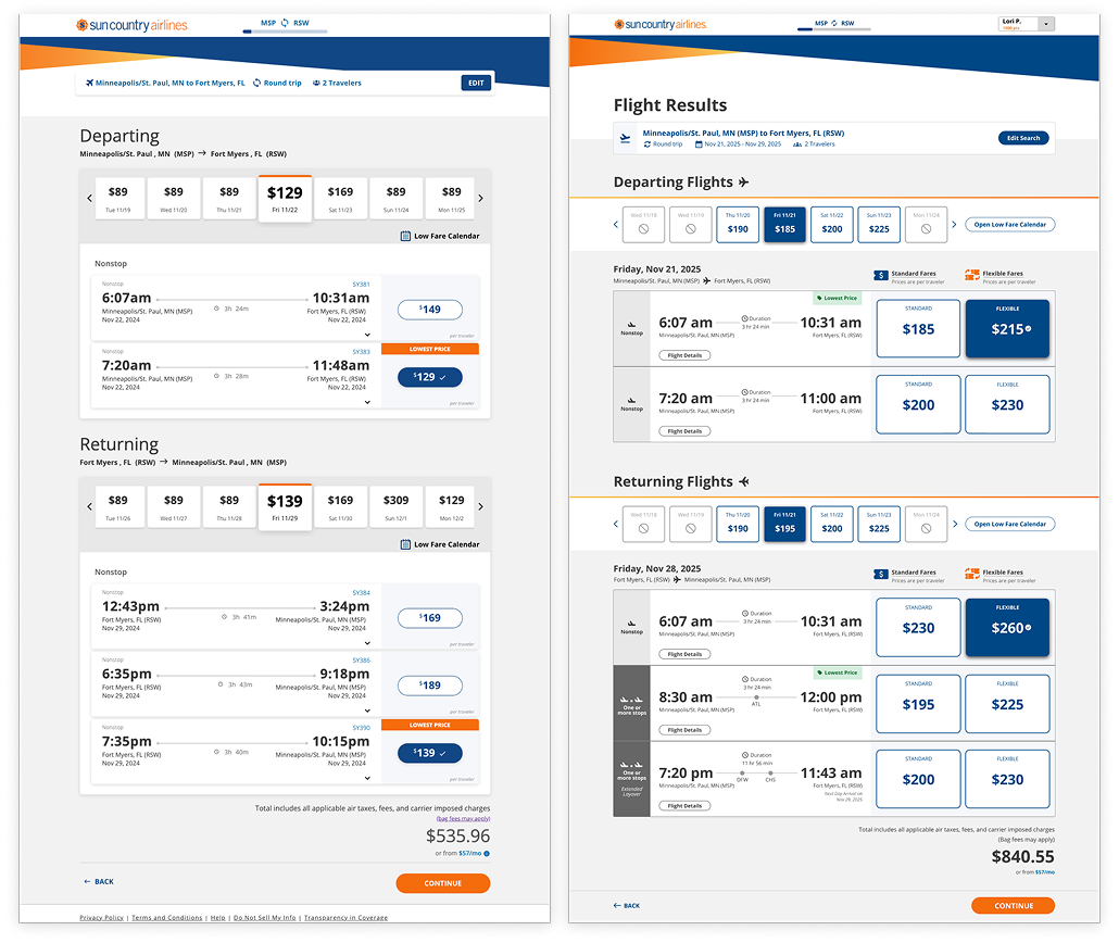 Comparison of the Flight Results page desktop designs, with the old design on the left and the new design on the right.