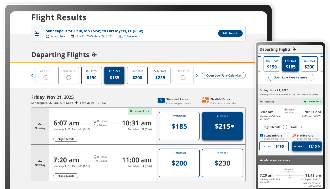 Flight Results UI design on desktop and mobile size